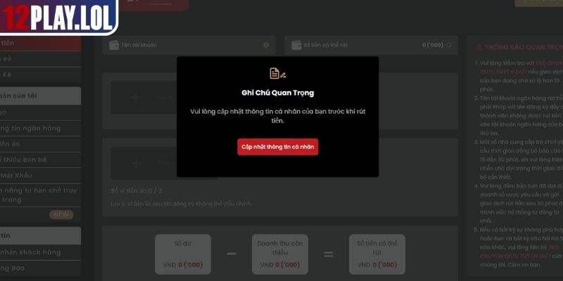 Những điều kiện then chốt để rút tiền 12Play 
